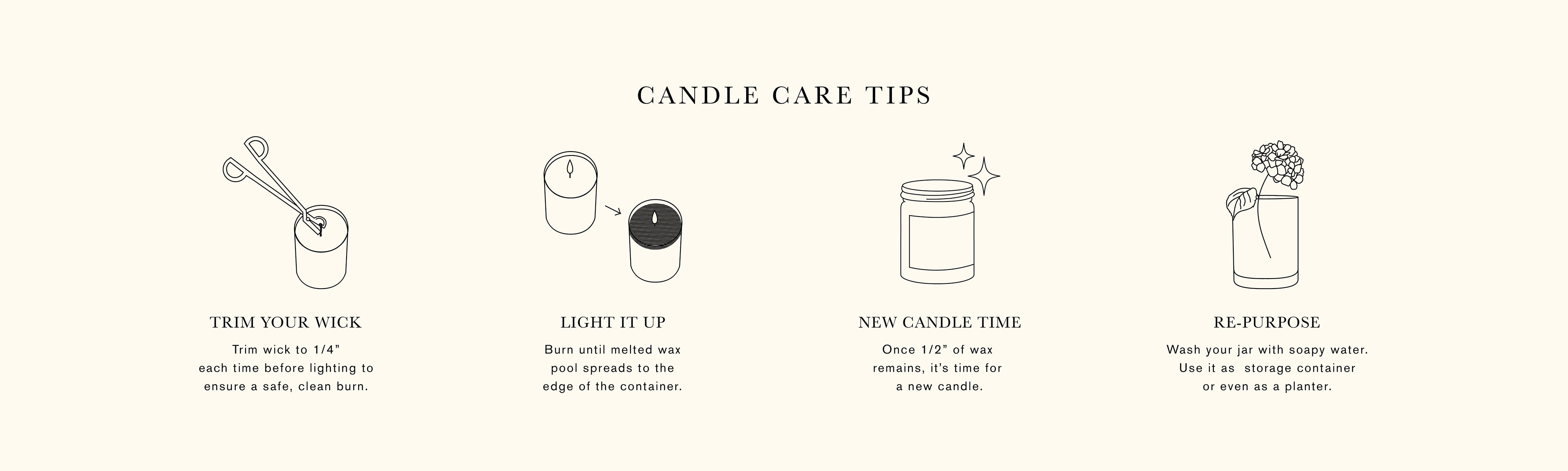 Candle Care Tips Diagram - trim your wick - light it up - new candle time - repurpose