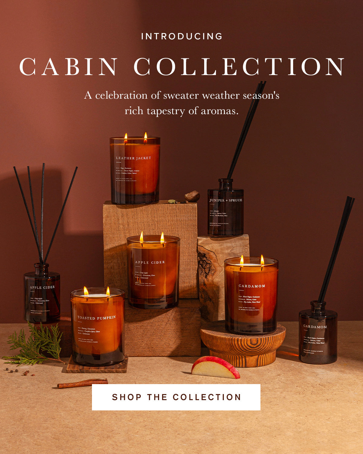 Cabin Collection featuring amber glass candles and reed diffusers with large text reading 'INTRODUCING CABIN COLLECTION' and a 'SHOP THE COLLECTION' button